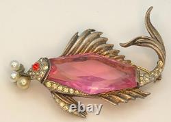Vtg Rare Pink Glass Crown TRIFARI Sterling Fish Brooch Alfred Philippe Design