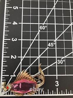 Vtg Rare Pink Glass Crown TRIFARI Sterling Fish Brooch Alfred Philippe Design