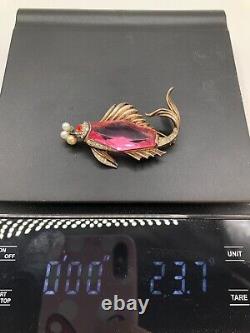 Vtg Rare Pink Glass Crown TRIFARI Sterling Fish Brooch Alfred Philippe Design