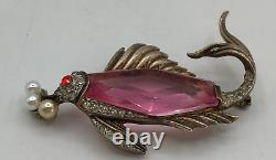 Vtg Rare Pink Glass Crown TRIFARI Sterling Fish Brooch Alfred Philippe Design