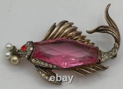 Vtg Rare Pink Glass Crown TRIFARI Sterling Fish Brooch Alfred Philippe Design