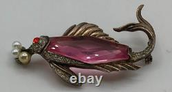 Vtg Rare Pink Glass Crown TRIFARI Sterling Fish Brooch Alfred Philippe Design