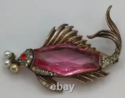 Vtg Rare Pink Glass Crown TRIFARI Sterling Fish Brooch Alfred Philippe Design