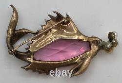 Vtg Rare Pink Glass Crown TRIFARI Sterling Fish Brooch Alfred Philippe Design