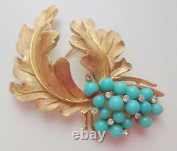 Vtg Signed Alfred Philippe Trifari Gold Tone Leaves Turquoise Flowers Pin Brooch