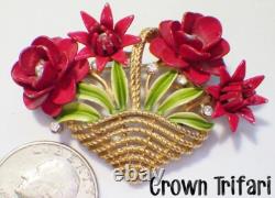 Vtg Signed CROWN TRIFARI Alfred Philippe Dark Red Enamel Flower Basket Pin 2