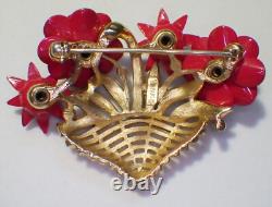 Vtg Signed CROWN TRIFARI Alfred Philippe Dark Red Enamel Flower Basket Pin 2