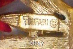 Vtg Signed CROWN TRIFARI Alfred Philippe Dark Red Enamel Flower Basket Pin 2