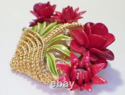 Vtg Signed CROWN TRIFARI Alfred Philippe Dark Red Enamel Flower Basket Pin 2
