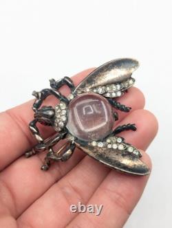 Vtg Sterling TRIFARI Alfred Philippe Clear Jelly Belly Rhinestone Bug Fly Brooch