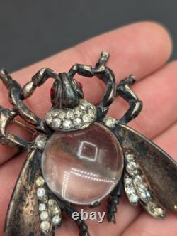 Vtg Sterling TRIFARI Alfred Philippe Clear Jelly Belly Rhinestone Bug Fly Brooch