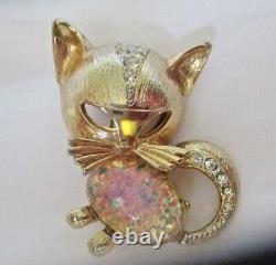 Vtg TRIFARI Alfred Philippe Dichroic Jelly Belly & Crystal Cat Brooch Pin RARE