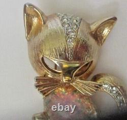 Vtg TRIFARI Alfred Philippe Dichroic Jelly Belly & Crystal Cat Brooch Pin RARE