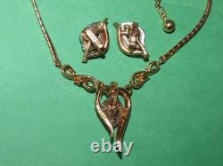 Vtg TRIFARI Alfred Philippe EMERALD GREEN NECKLACE EARRINGS SET SIGNED GOLD TONE