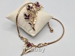 Vtg Trifari Alfred Philippe Choker Necklace & Brooch Gold Tone & Red Crystal Set