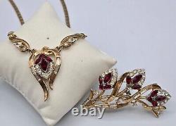 Vtg Trifari Alfred Philippe Choker Necklace & Brooch Gold Tone & Red Crystal Set