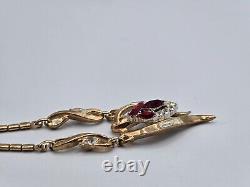 Vtg Trifari Alfred Philippe Choker Necklace & Brooch Gold Tone & Red Crystal Set