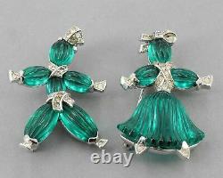 Vtg Trifari Alfred Philippe Green Poured Glass Pom-Pom & Tom-Tom Rag Doll Pins