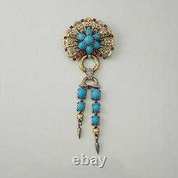 Vtg Trifari Alfred Philippe Turquoise Cabochon Dangle Sterling Silver Pin Brooch