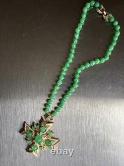 Vtg Trifari Jewels of India Green Glass Bead Maltese Cross Necklace