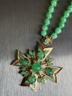 Vtg Trifari Jewels of India Green Glass Bead Maltese Cross Necklace