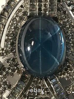 Vtg Trifari Philippe Shield Sim. Star Sapphire Rhinestones Fur Dress Clip READ